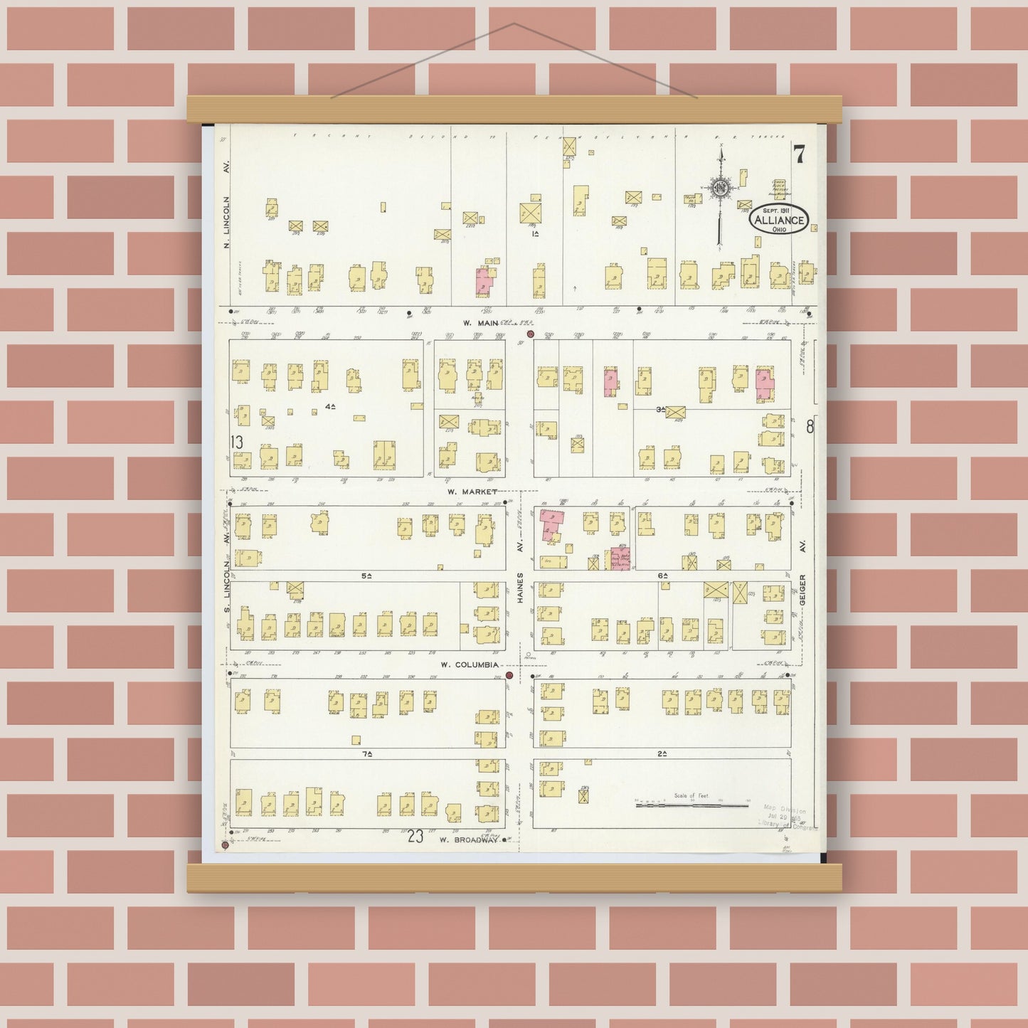 Old map wall art mockup — magnetic wood frame on brick wall — Sanborn Fire Insurance Map from Alliance, Stark County, Ohio (1911), Sheet #0007