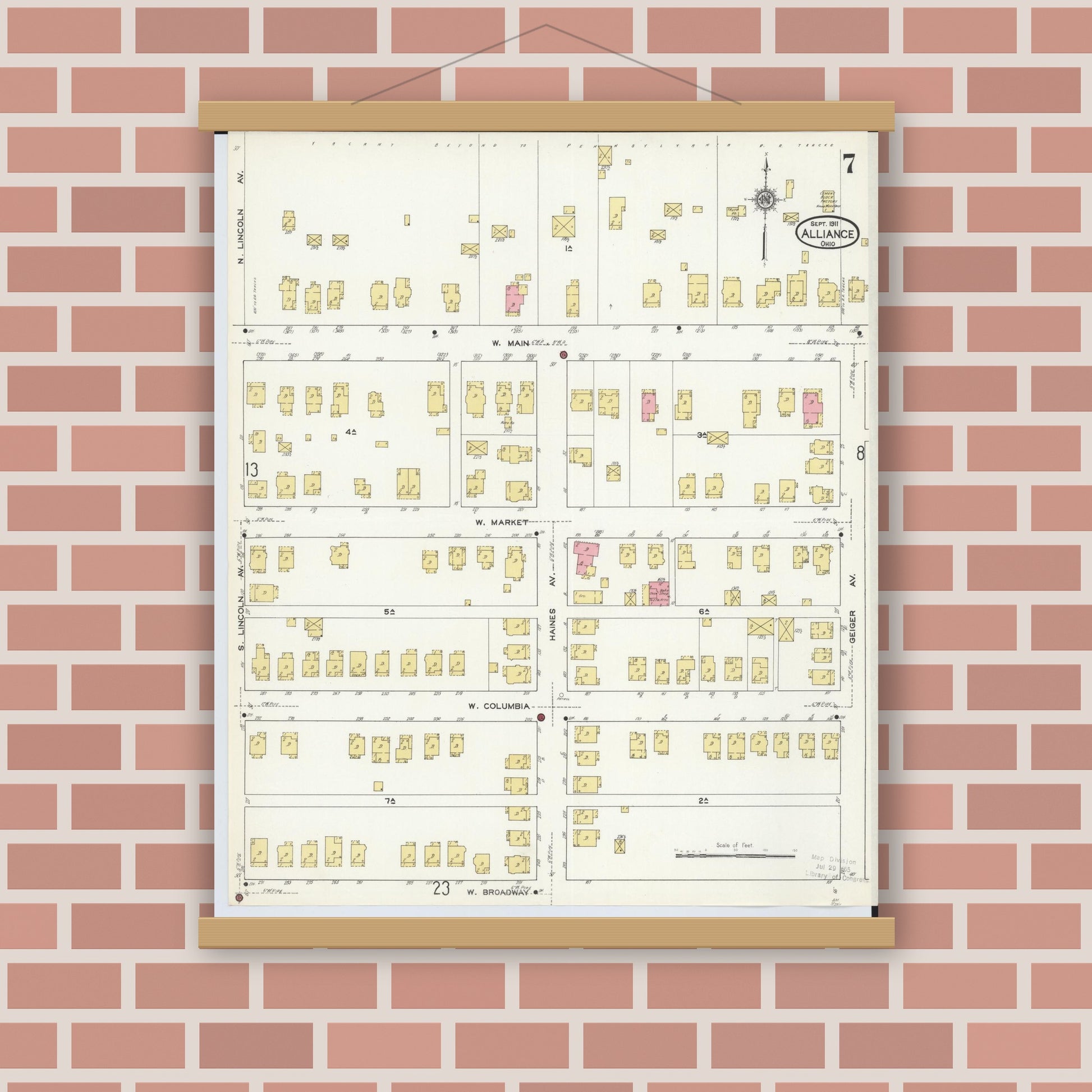 Old map wall art mockup — magnetic wood frame on brick wall — Sanborn Fire Insurance Map from Alliance, Stark County, Ohio (1911), Sheet #0007