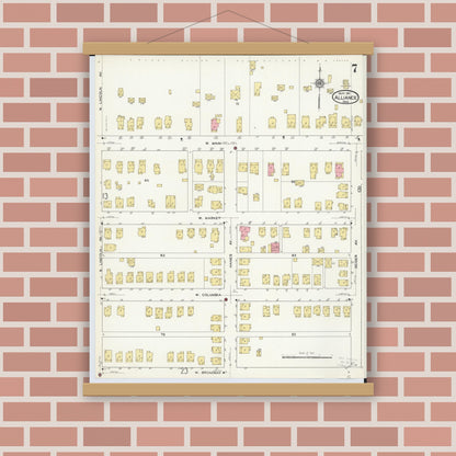Old map wall art mockup — magnetic wood frame on brick wall — Sanborn Fire Insurance Map from Alliance, Stark County, Ohio (1911), Sheet #0007