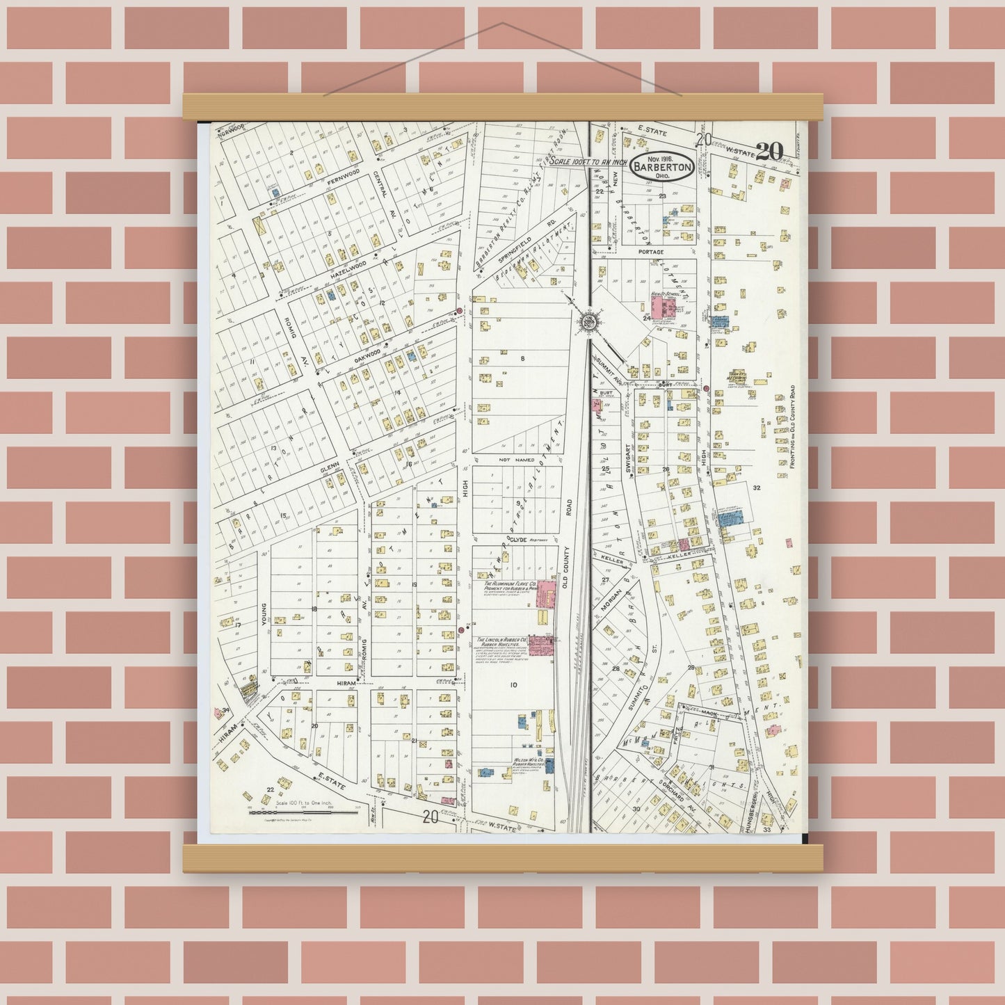 Old map wall art mockup — magnetic wood frame on brick wall — Sanborn Fire Insurance Map from Barberton, Summit County, Ohio (1916), Sheet #0020