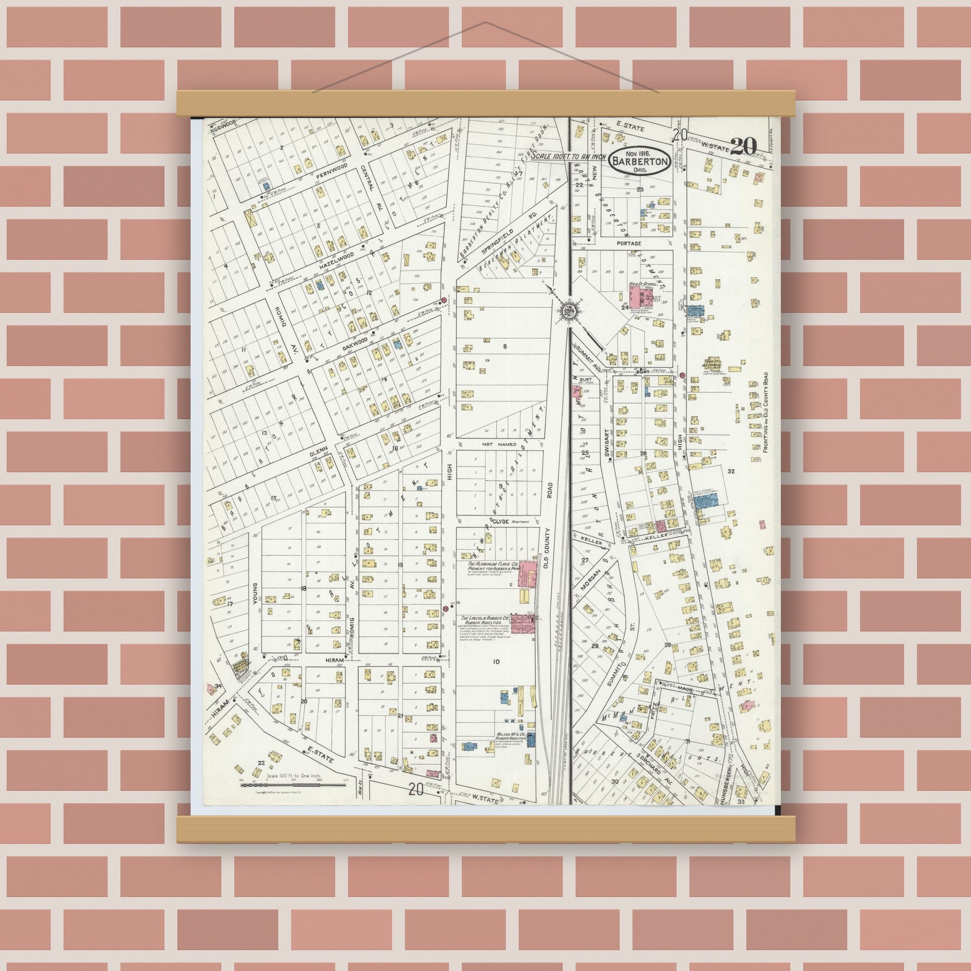 Old map wall art mockup — magnetic wood frame on brick wall — Sanborn Fire Insurance Map from Barberton, Summit County, Ohio (1916), Sheet #0020