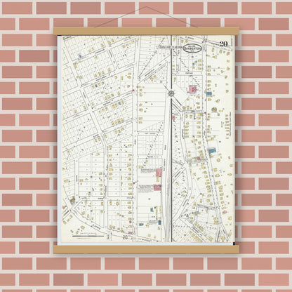 Old map wall art mockup — magnetic wood frame on brick wall — Sanborn Fire Insurance Map from Barberton, Summit County, Ohio (1916), Sheet #0020