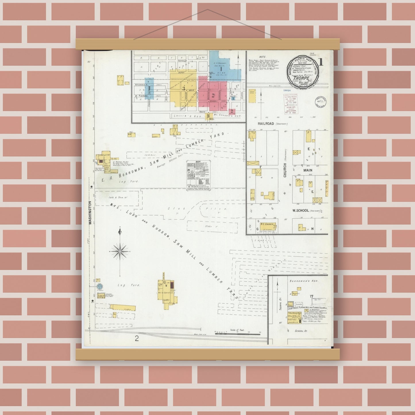 Old map wall art mockup — magnetic wood frame on brick wall — Sanborn Fire Insurance Map from Thorpe, Clark County, Wisconsin (1900), Sheet #0001