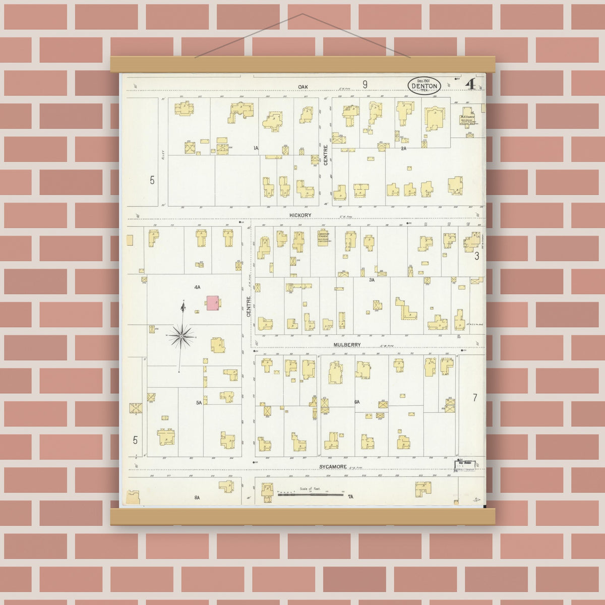 Old map wall art mockup — magnetic wood frame on brick wall — Sanborn Fire Insurance Map from Denton, Denton County, Texas (1901), Sheet #0004