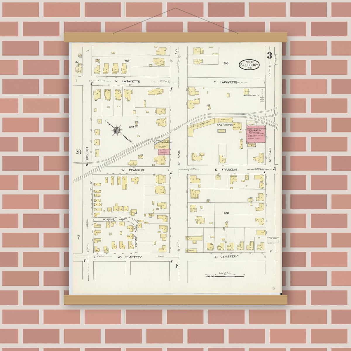 Old map wall art mockup — magnetic wood frame on brick wall — Sanborn Fire Insurance Map from Salisbury, Rowan County, North Carolina (1913), Sheet #0003