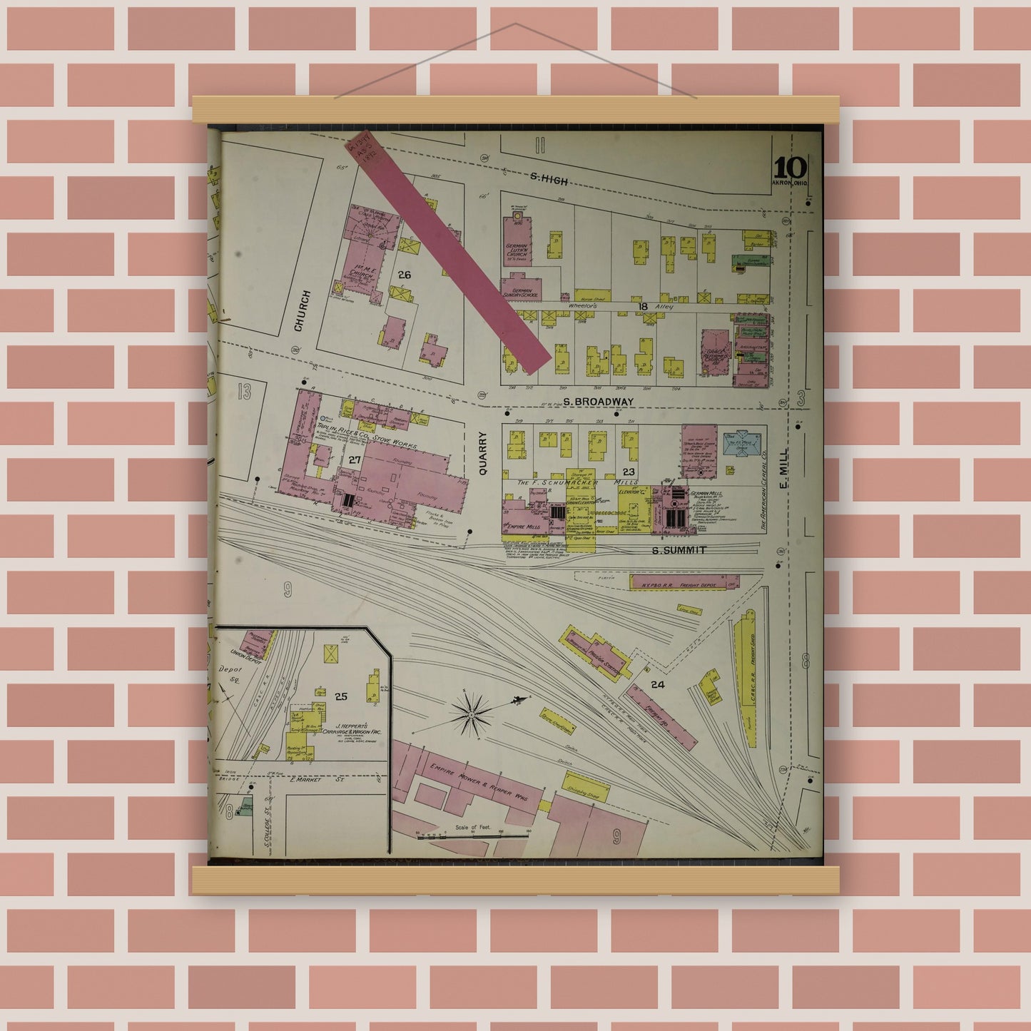 Old map wall art mockup — magnetic wood frame on brick wall — Sanborn Fire Insurance Map from Akron, Summit County, Ohio (1892), Sheet #0010