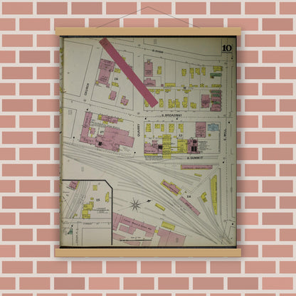 Old map wall art mockup — magnetic wood frame on brick wall — Sanborn Fire Insurance Map from Akron, Summit County, Ohio (1892), Sheet #0010