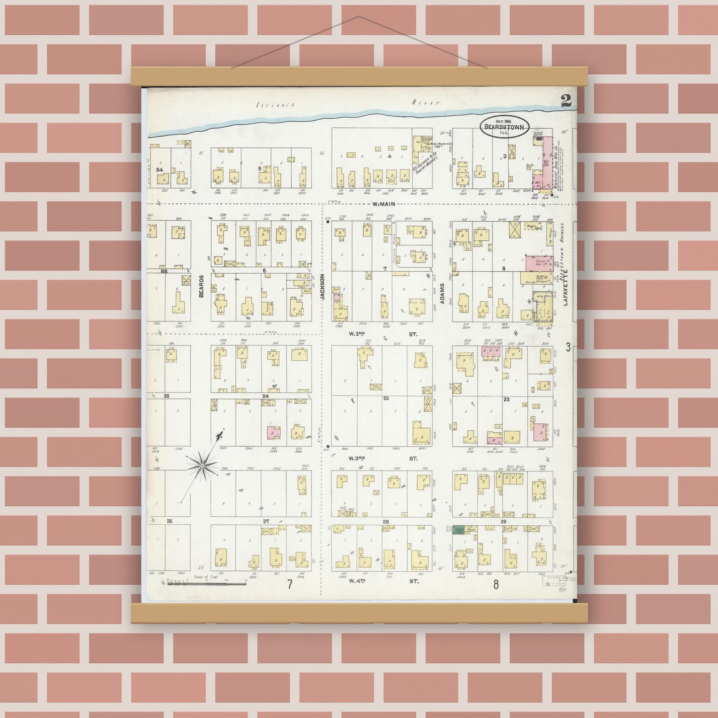 Old map wall art mockup — magnetic wood frame on brick wall — Sanborn Fire Insurance Map from Beardstown, Cass County, Illinois (1906), Sheet #0002