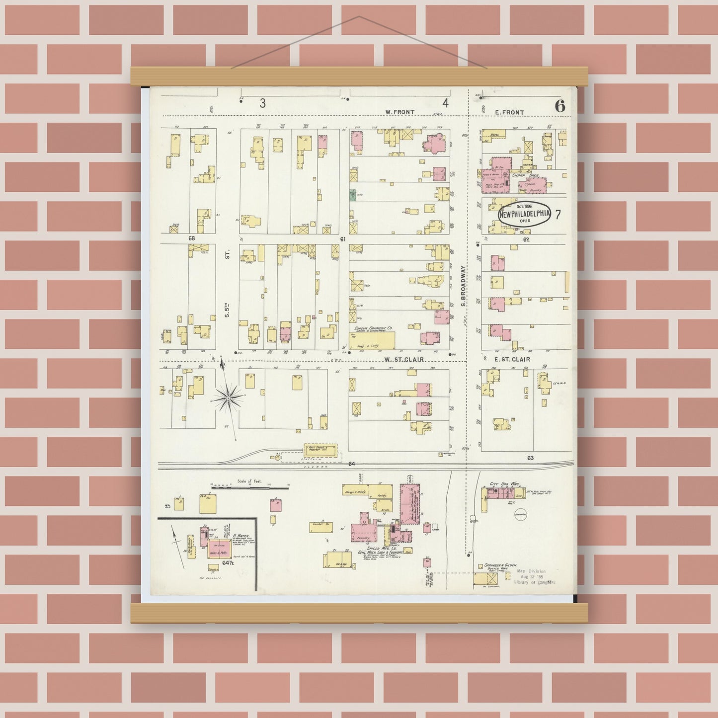 Old map wall art mockup — magnetic wood frame on brick wall — Sanborn Fire Insurance Map from New Philadelphia, Tuscarawas County, Ohio (1896), Sheet #0006