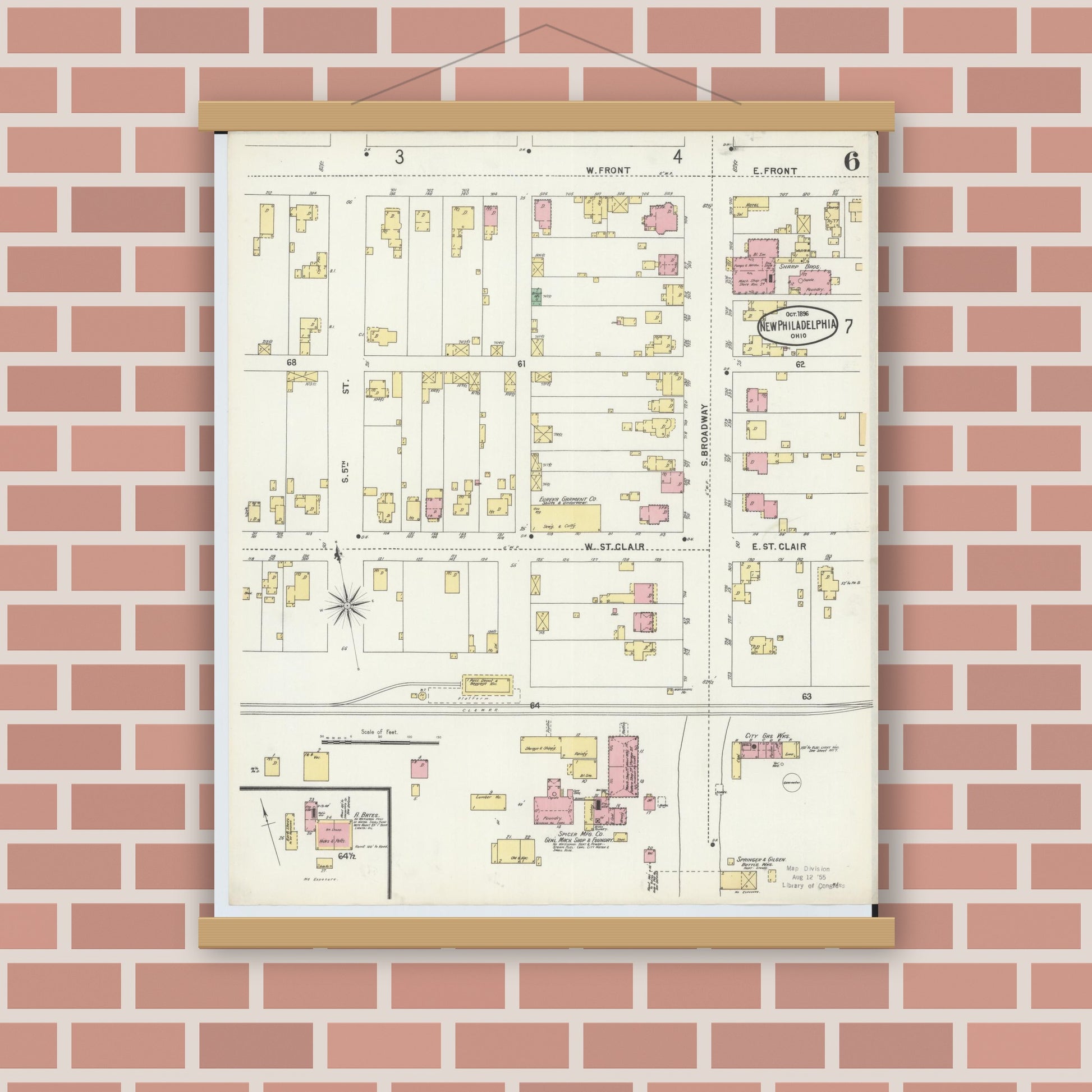 Old map wall art mockup — magnetic wood frame on brick wall — Sanborn Fire Insurance Map from New Philadelphia, Tuscarawas County, Ohio (1896), Sheet #0006