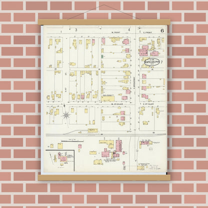 Old map wall art mockup — magnetic wood frame on brick wall — Sanborn Fire Insurance Map from New Philadelphia, Tuscarawas County, Ohio (1896), Sheet #0006