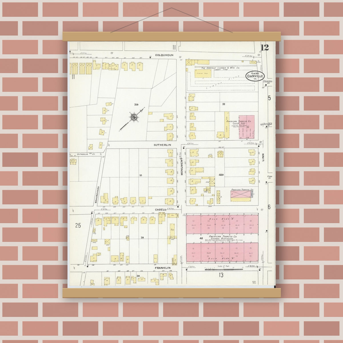 Old map wall art mockup — magnetic wood frame on brick wall — Sanborn Fire Insurance Map from Danville, Independent Cities, Virginia (1910), Sheet #0012