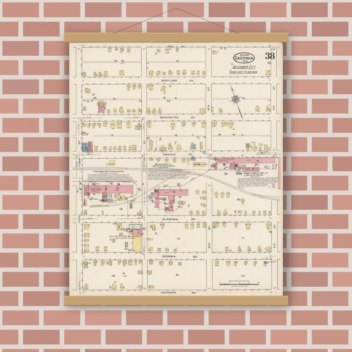 Old map wall art mockup — magnetic wood frame on brick wall — Sanborn Fire Insurance Map from Gastonia, Gaston County, North Carolina (1922), Sheet #0038