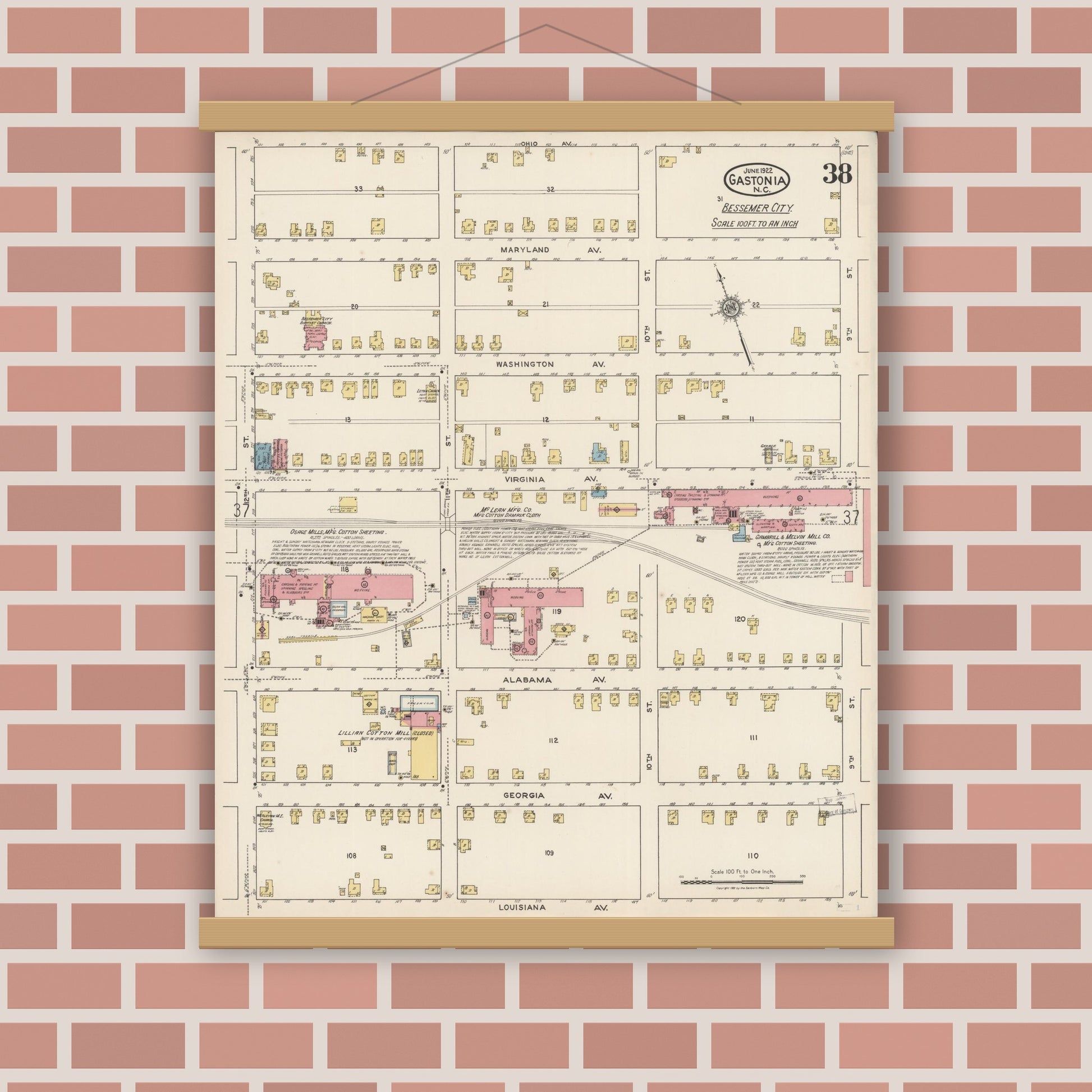 Old map wall art mockup — magnetic wood frame on brick wall — Sanborn Fire Insurance Map from Gastonia, Gaston County, North Carolina (1922), Sheet #0038