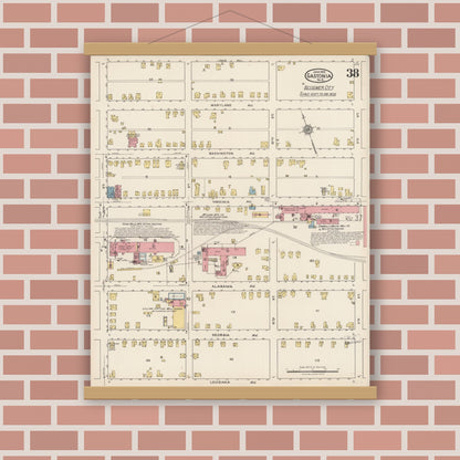 Old map wall art mockup — magnetic wood frame on brick wall — Sanborn Fire Insurance Map from Gastonia, Gaston County, North Carolina (1922), Sheet #0038