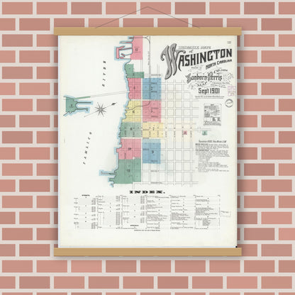 Old map wall art mockup — magnetic wood frame on brick wall — Sanborn Fire Insurance Map from Washington, Beaufort County, North Carolina (1901), Sheet #0001