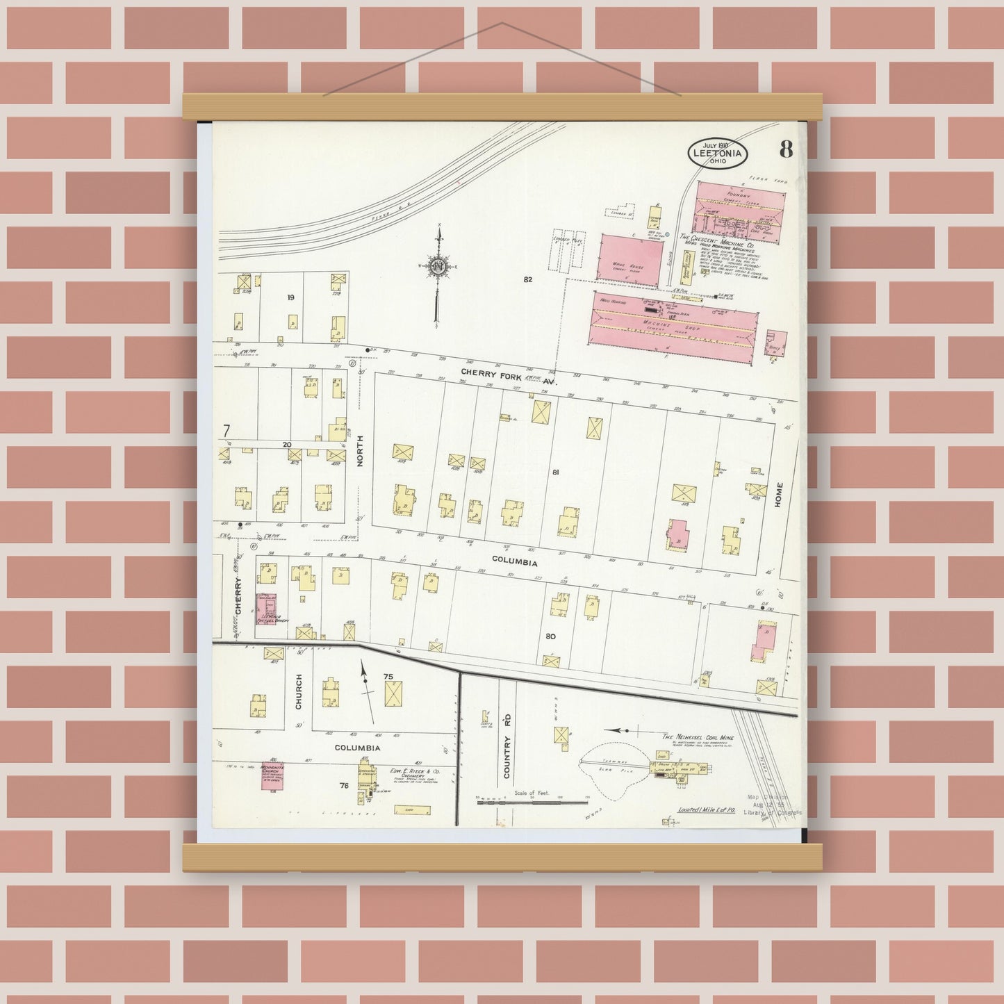 Old map wall art mockup — magnetic wood frame on brick wall — Sanborn Fire Insurance Map from Leetonia, Columbiana County, Ohio (1910), Sheet #0008