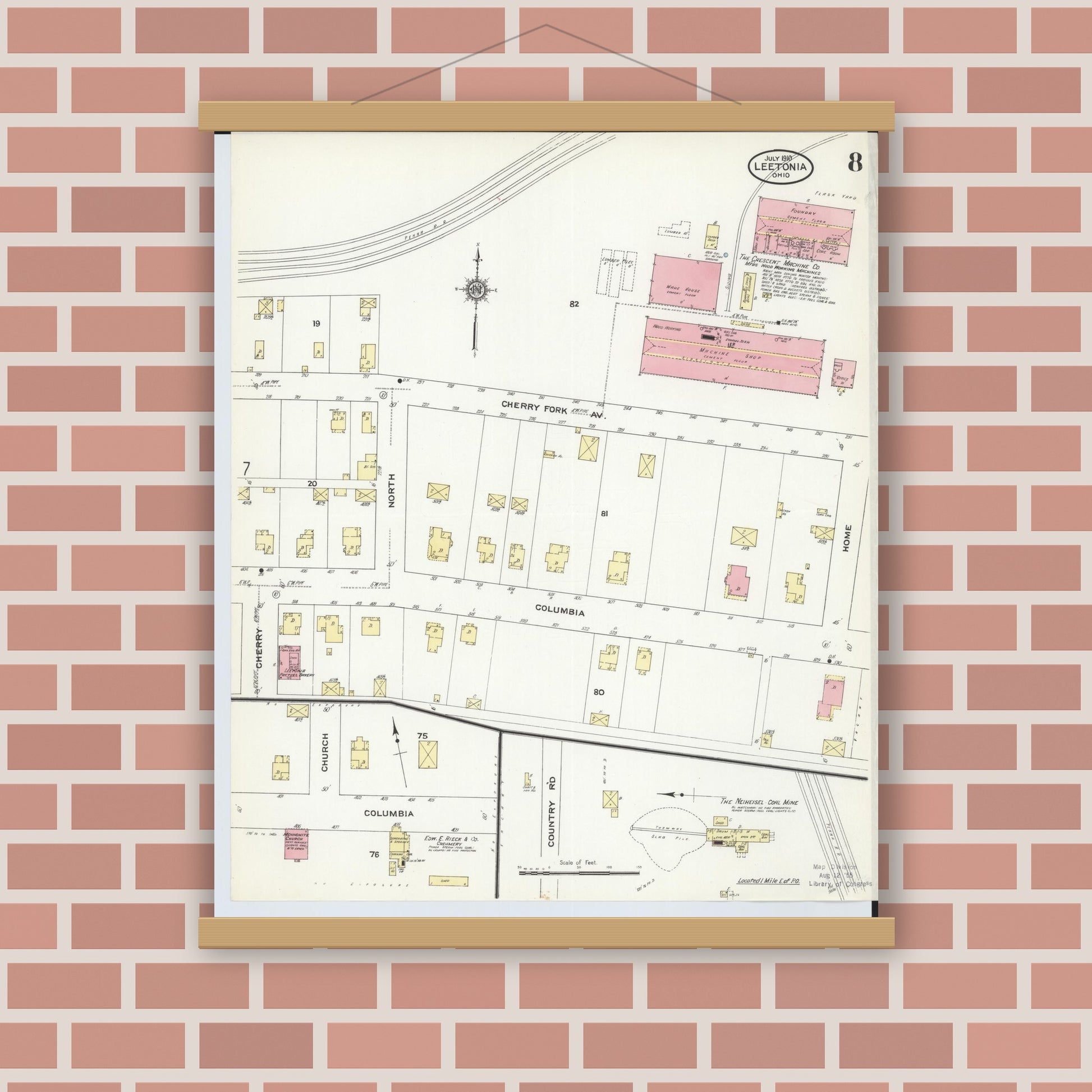 Old map wall art mockup — magnetic wood frame on brick wall — Sanborn Fire Insurance Map from Leetonia, Columbiana County, Ohio (1910), Sheet #0008