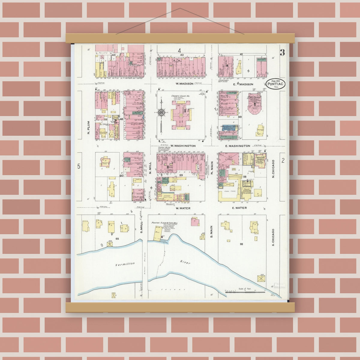 Old map wall art mockup — magnetic wood frame on brick wall — Sanborn Fire Insurance Map from Pontiac, Livingston County, Illinois (1910), Sheet #0003