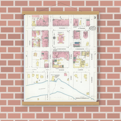 Old map wall art mockup — magnetic wood frame on brick wall — Sanborn Fire Insurance Map from Pontiac, Livingston County, Illinois (1910), Sheet #0003