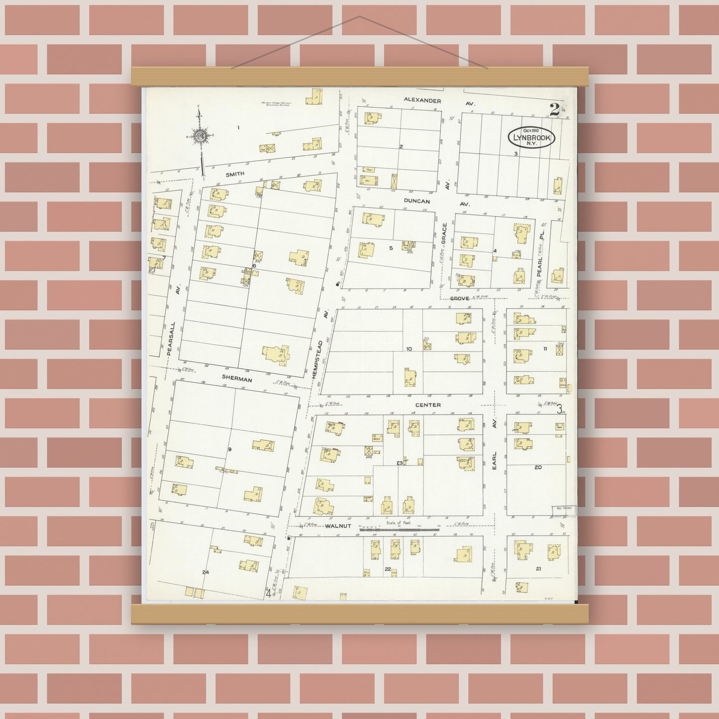 Old map wall art mockup — magnetic wood frame on brick wall — Sanborn Fire Insurance Map from Lynbrook, Nassau County, New York (1910), Sheet #0002
