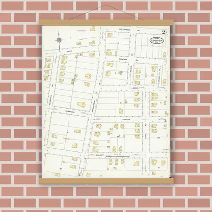 Old map wall art mockup — magnetic wood frame on brick wall — Sanborn Fire Insurance Map from Lynbrook, Nassau County, New York (1910), Sheet #0002