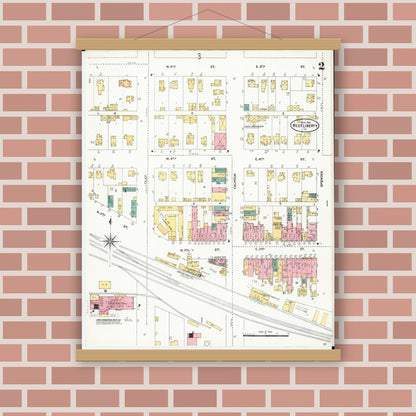 Old map wall art mockup — magnetic wood frame on brick wall — Sanborn Fire Insurance Map from West Liberty, Muscatine County, Iowa (1906), Sheet #0002