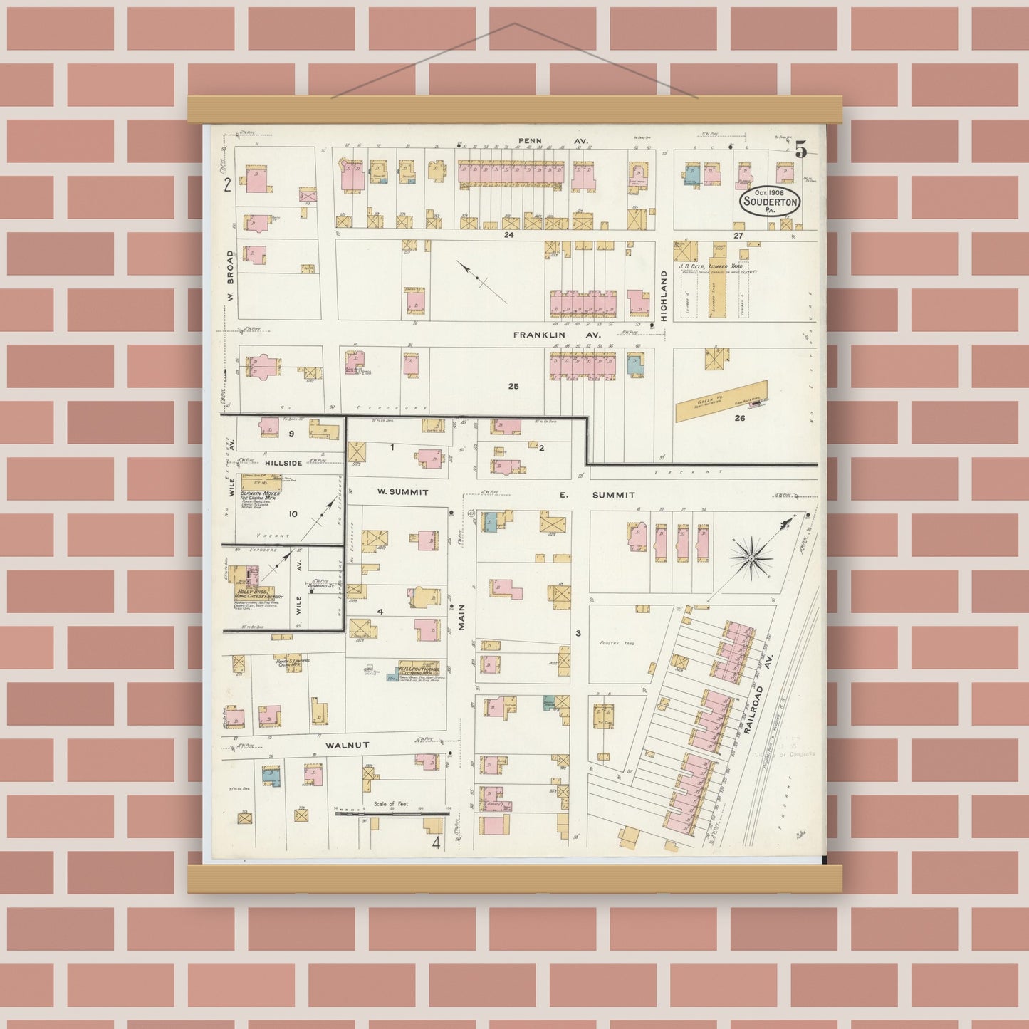 Old map wall art mockup — magnetic wood frame on brick wall — Sanborn Fire Insurance Map from Souderton, Montgomery County, Pennsylvania (1908), Sheet #0005