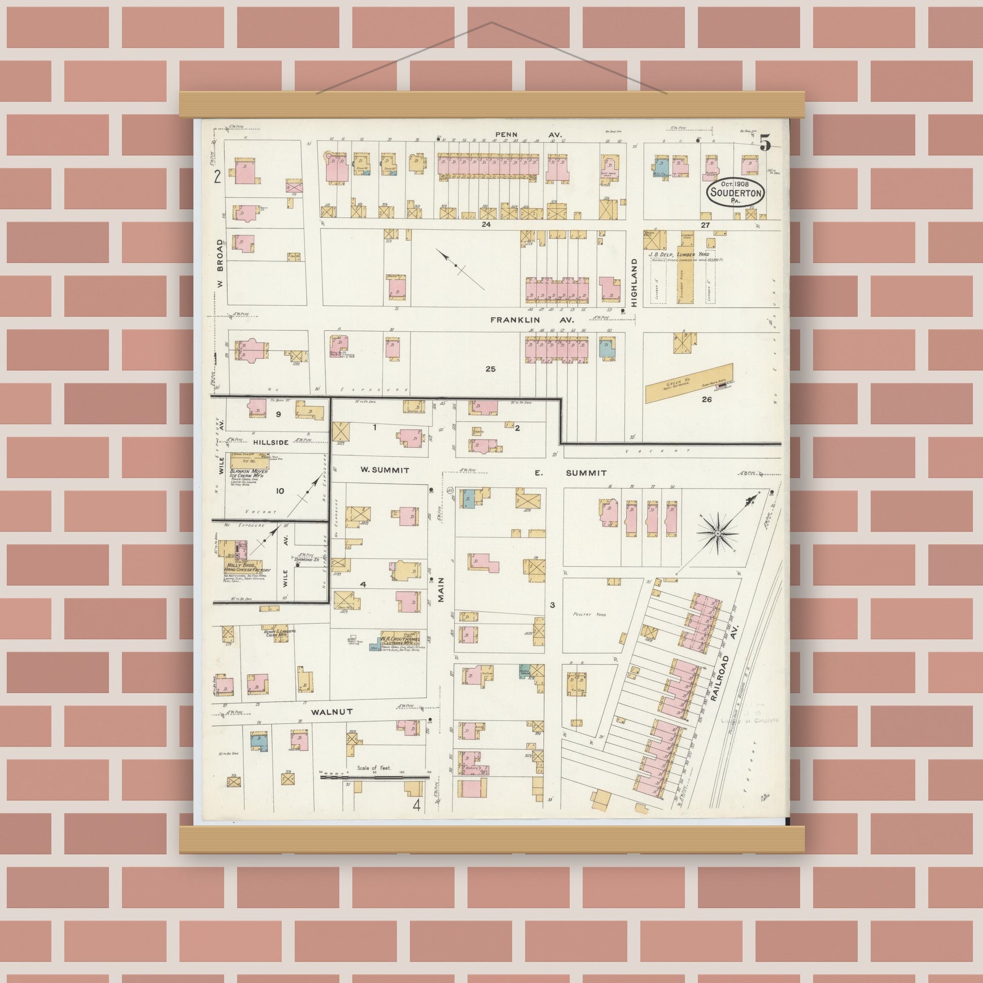 Old map wall art mockup — magnetic wood frame on brick wall — Sanborn Fire Insurance Map from Souderton, Montgomery County, Pennsylvania (1908), Sheet #0005