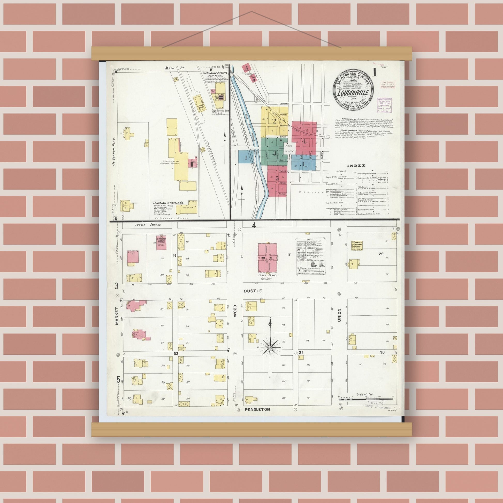 Old map wall art mockup — magnetic wood frame on brick wall — Sanborn Fire Insurance Map from Loudonville, Ashland County, Ohio (1907) - Complete Map Set