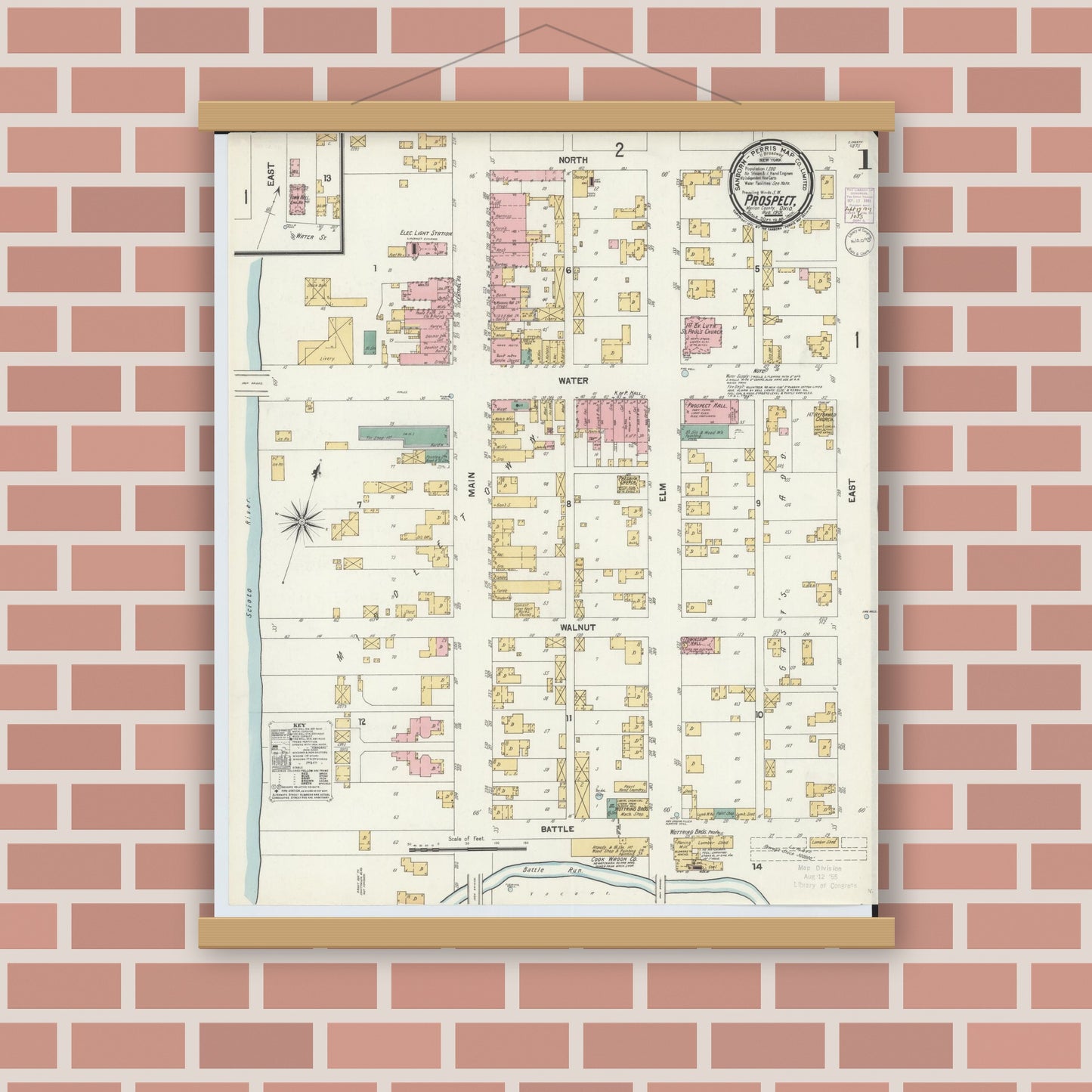 Old map wall art mockup — magnetic wood frame on brick wall — Sanborn Fire Insurance Map from Prospect, Marion County, Ohio (1901), Sheet #0001