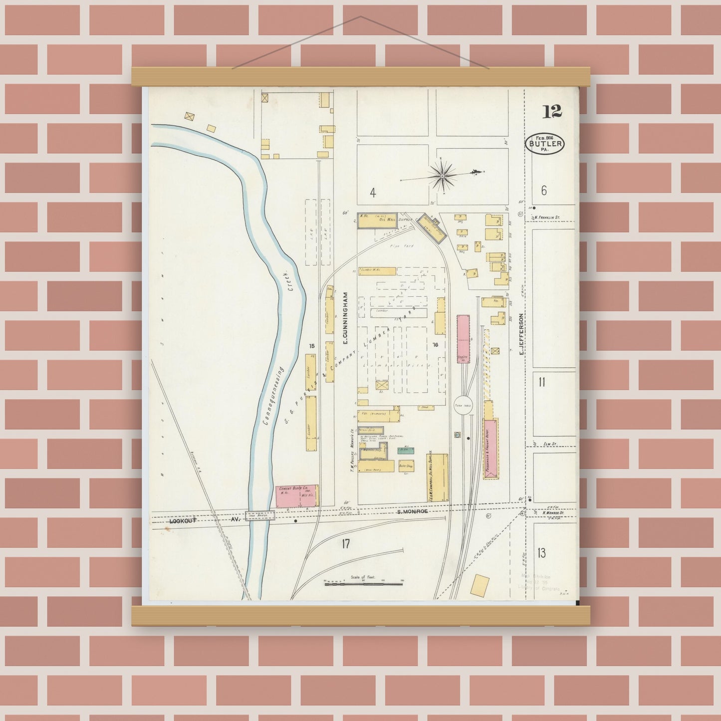 Old map wall art mockup — magnetic wood frame on brick wall — Sanborn Fire Insurance Map from Butler, Butler County, Pennsylvania (1906), Sheet #0012
