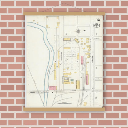 Old map wall art mockup — magnetic wood frame on brick wall — Sanborn Fire Insurance Map from Butler, Butler County, Pennsylvania (1906), Sheet #0012