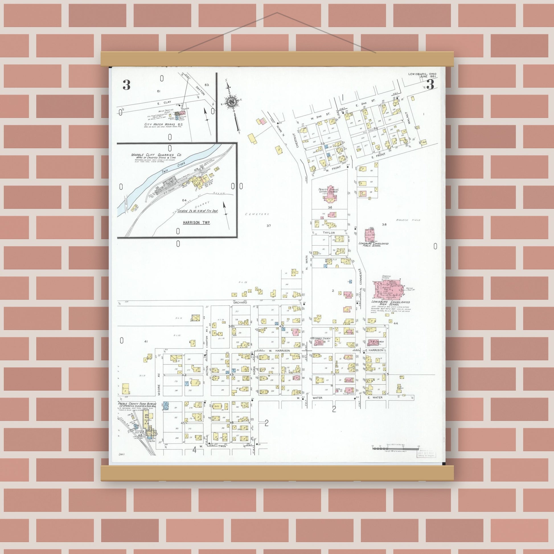 Old map wall art mockup — magnetic wood frame on brick wall — Sanborn Fire Insurance Map from Lewisburg, Preble County, Ohio (1951), Sheet #0003