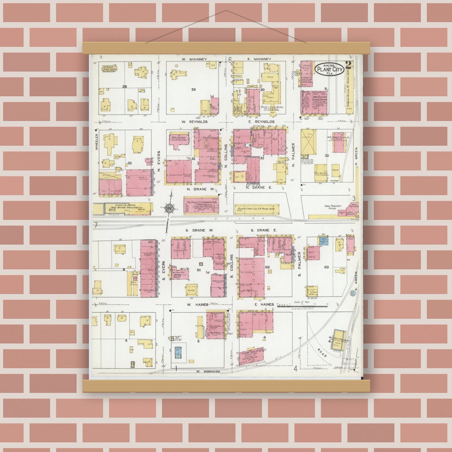 Old map wall art mockup — magnetic wood frame on brick wall — Sanborn Fire Insurance Map from Plant City, Hillborough County, Florida (1919), Sheet #0002