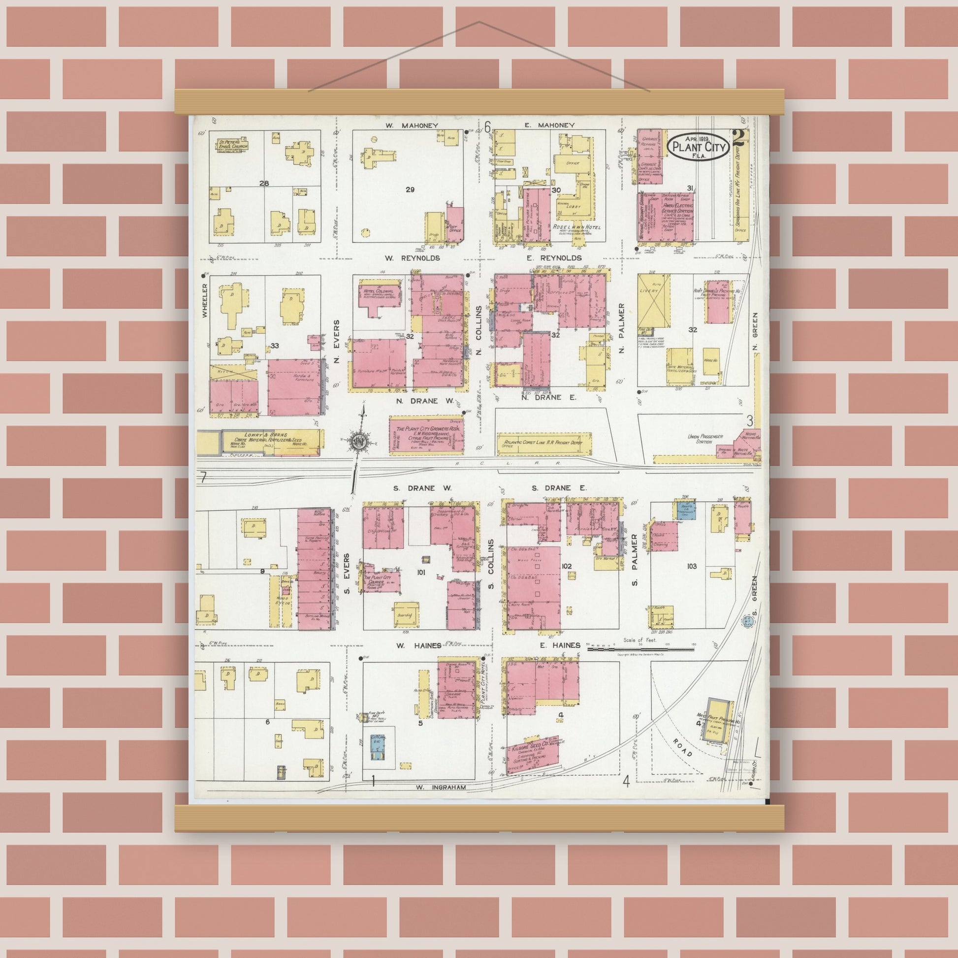 Old map wall art mockup — magnetic wood frame on brick wall — Sanborn Fire Insurance Map from Plant City, Hillborough County, Florida (1919), Sheet #0002