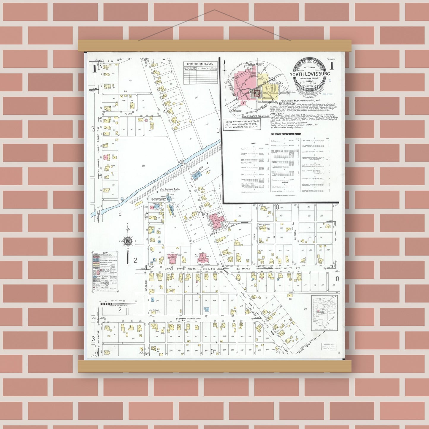 Old map wall art mockup — magnetic wood frame on brick wall — Sanborn Fire Insurance Map from North Lewisburg, Champaign County, Ohio (1950) - Complete Map Set