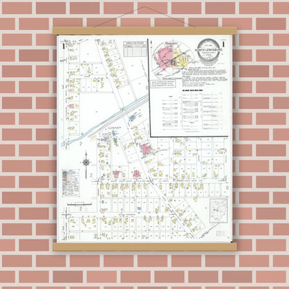 Old map wall art mockup — magnetic wood frame on brick wall — Sanborn Fire Insurance Map from North Lewisburg, Champaign County, Ohio (1950) - Complete Map Set