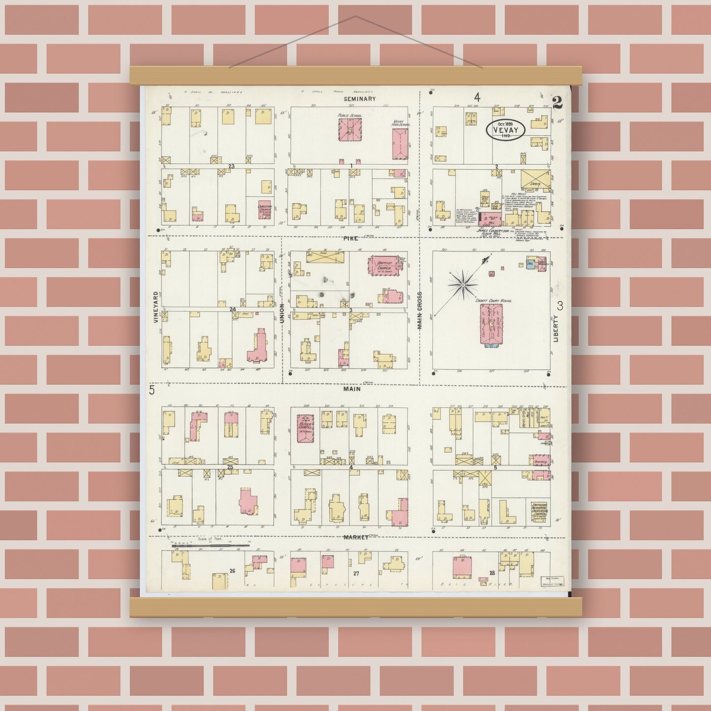 Old map wall art mockup — magnetic wood frame on brick wall — Sanborn Fire Insurance Map from Vevay, Switzerland County, Indiana (1899), Sheet #0002