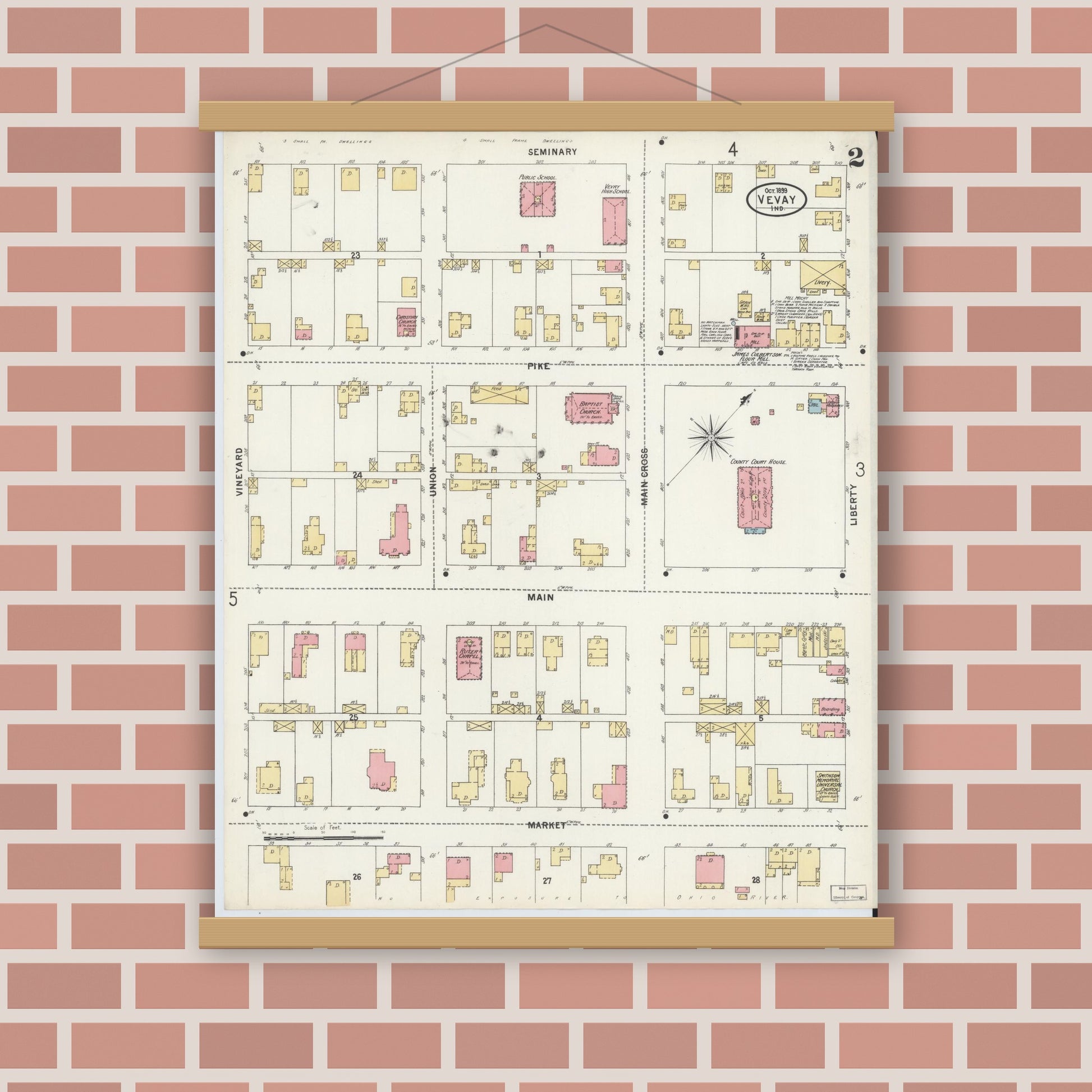 Old map wall art mockup — magnetic wood frame on brick wall — Sanborn Fire Insurance Map from Vevay, Switzerland County, Indiana (1899), Sheet #0002