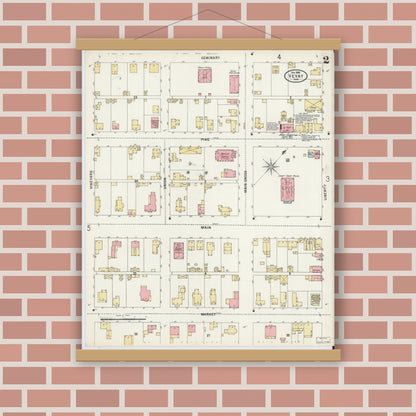 Old map wall art mockup — magnetic wood frame on brick wall — Sanborn Fire Insurance Map from Vevay, Switzerland County, Indiana (1899), Sheet #0002