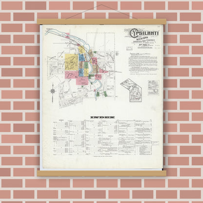 Old map wall art mockup — magnetic wood frame on brick wall — Sanborn Fire Insurance Map from Ypsilanti, Washtenaw County, Michigan (1916), Sheet #0001