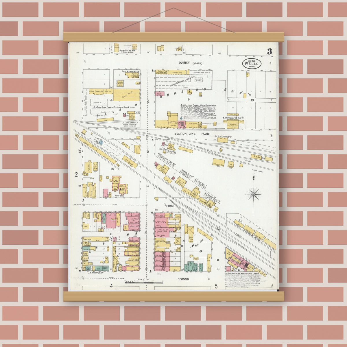Old map wall art mockup — magnetic wood frame on brick wall — Sanborn Fire Insurance Map from Wells, Faribault County, Minnesota (1900), Sheet #0003