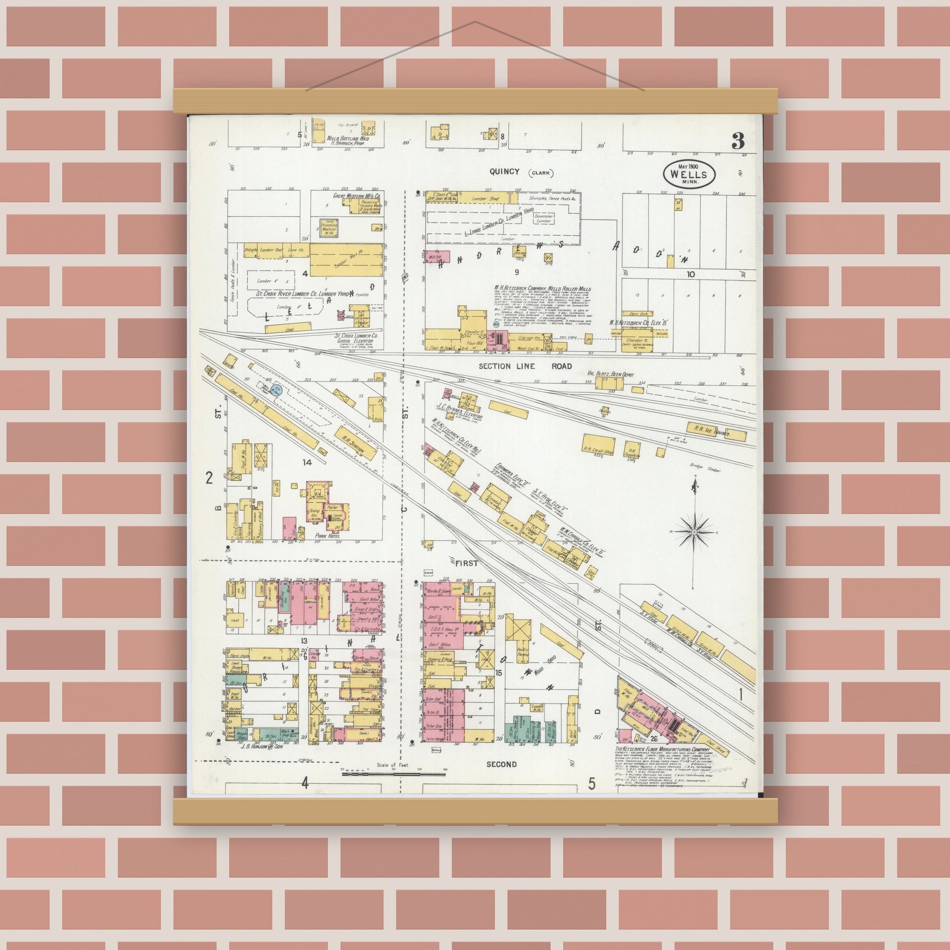 Old map wall art mockup — magnetic wood frame on brick wall — Sanborn Fire Insurance Map from Wells, Faribault County, Minnesota (1900), Sheet #0003