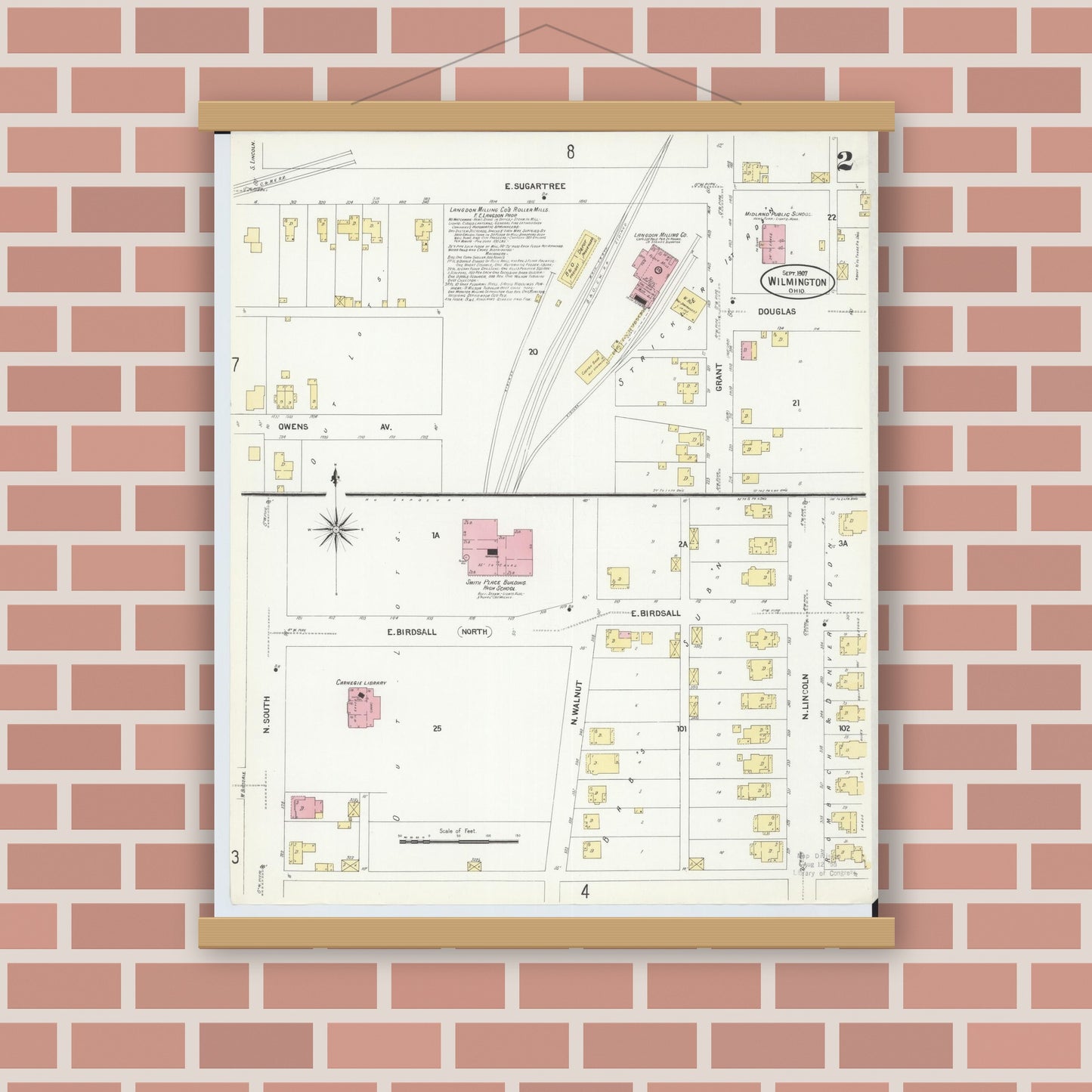Old map wall art mockup — magnetic wood frame on brick wall — Sanborn Fire Insurance Map from Wilmington, Clinton County, Ohio (1907), Sheet #0002
