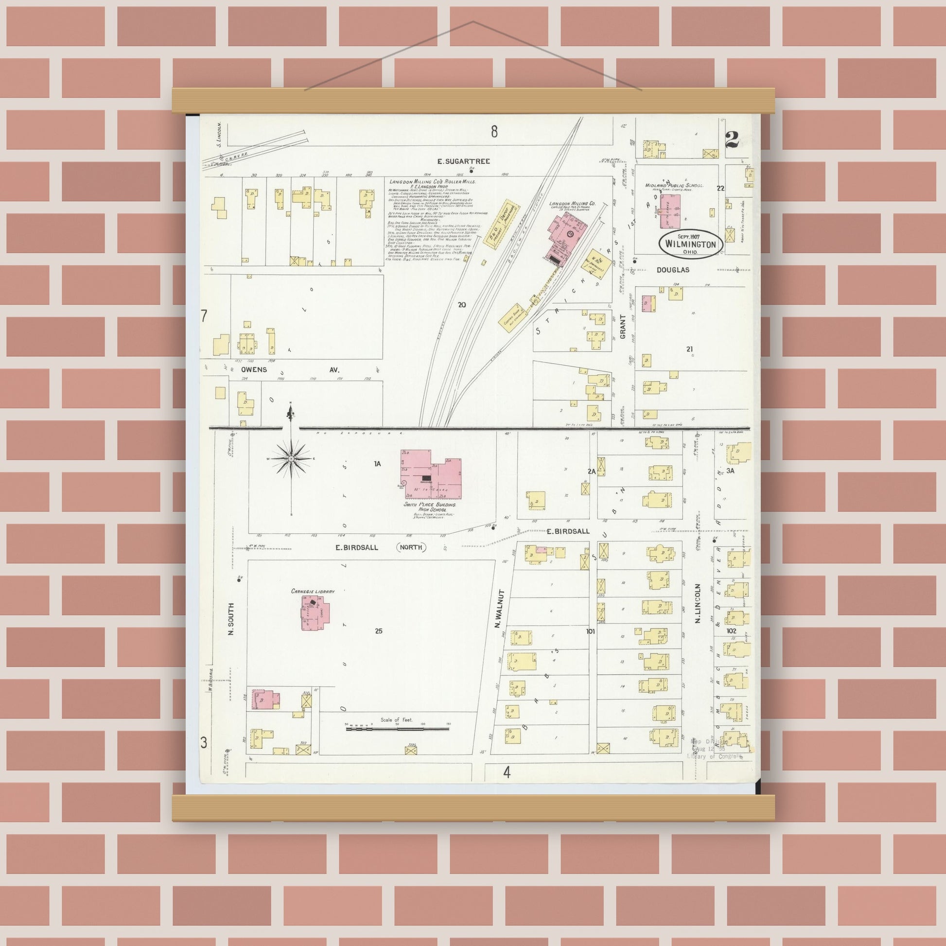 Old map wall art mockup — magnetic wood frame on brick wall — Sanborn Fire Insurance Map from Wilmington, Clinton County, Ohio (1907), Sheet #0002