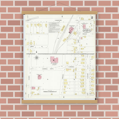 Old map wall art mockup — magnetic wood frame on brick wall — Sanborn Fire Insurance Map from Wilmington, Clinton County, Ohio (1907), Sheet #0002