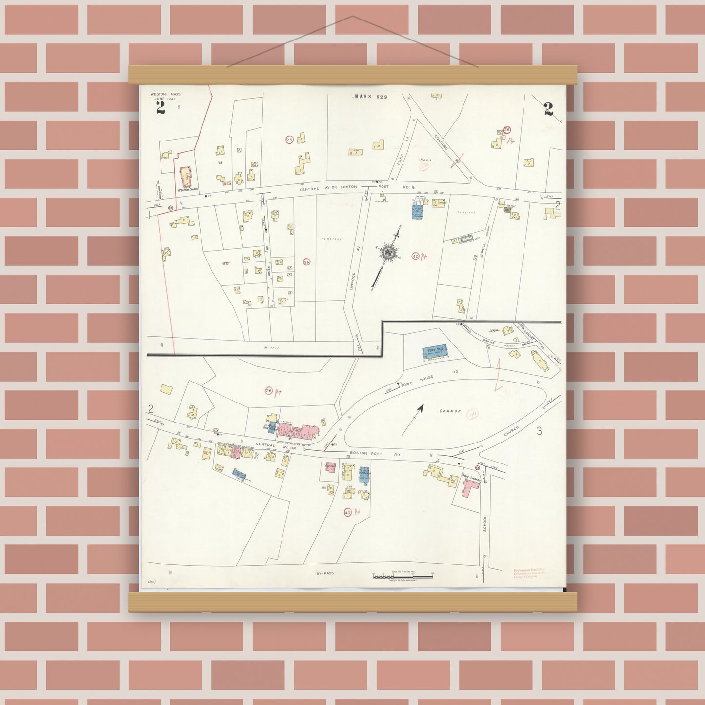 Old map wall art mockup — magnetic wood frame on brick wall — Sanborn Fire Insurance Map from Weston, Middlesex County, Massachusetts (1941), Sheet #0002