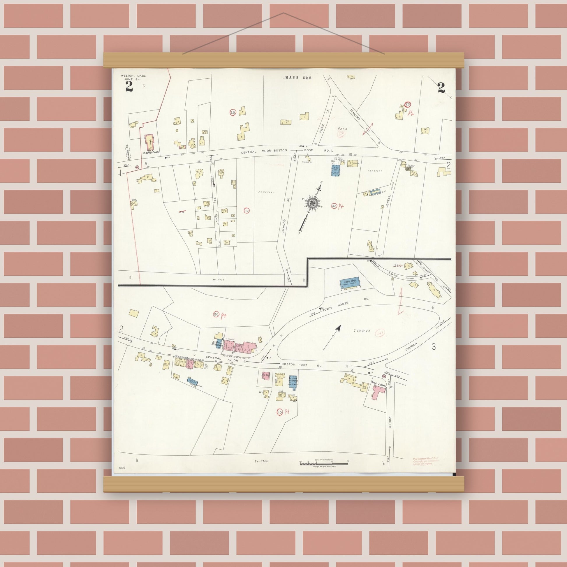 Old map wall art mockup — magnetic wood frame on brick wall — Sanborn Fire Insurance Map from Weston, Middlesex County, Massachusetts (1941), Sheet #0002