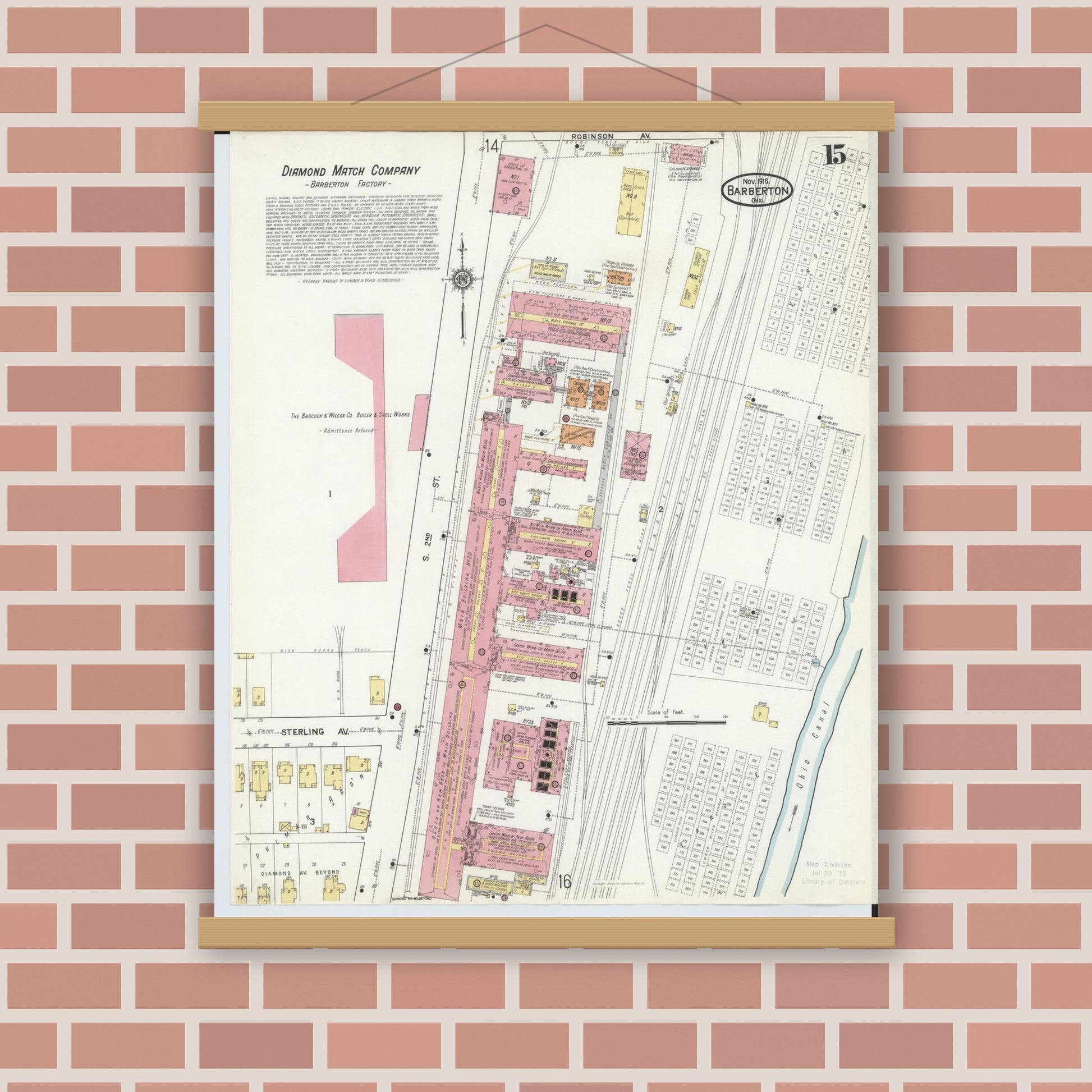 Old map wall art mockup — magnetic wood frame on brick wall — Sanborn Fire Insurance Map from Barberton, Summit County, Ohio (1916), Sheet #0015